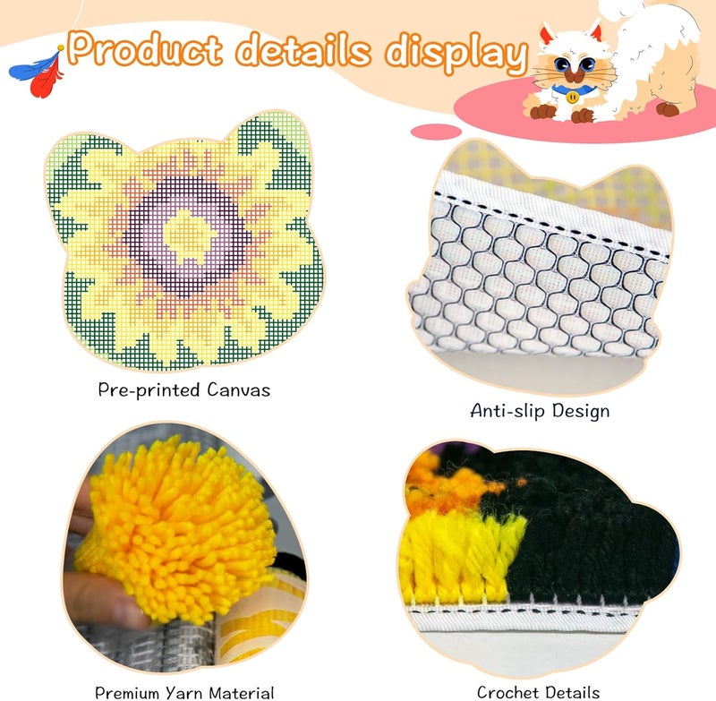 YP Sunflower Latch Hook Rug Kit for Adults & Kids - 12x12 Inch DIY Craft Crochet Rug, Beginner-Friendly Art Project for Home Decor, Easy-to-Make Needlecraft Kit - Image 3